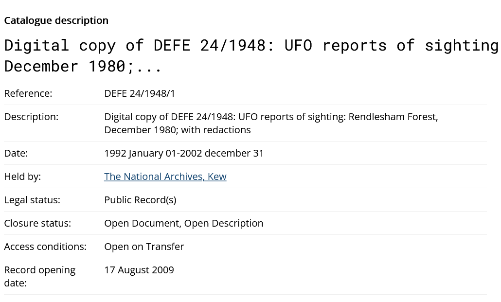 Screenshot 2022 12 19 at 21 33 48 Digital copy of DEFE 24 1948 UFO reports of sighting Rendlesham Forest December 1980 The National Archives